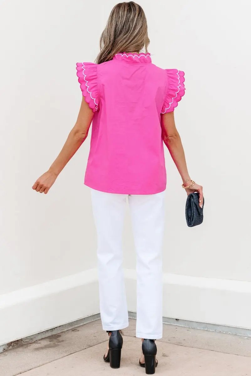 Bright Pink Contrast Scallop Trim Layered V Neck Blouse - Love Salve